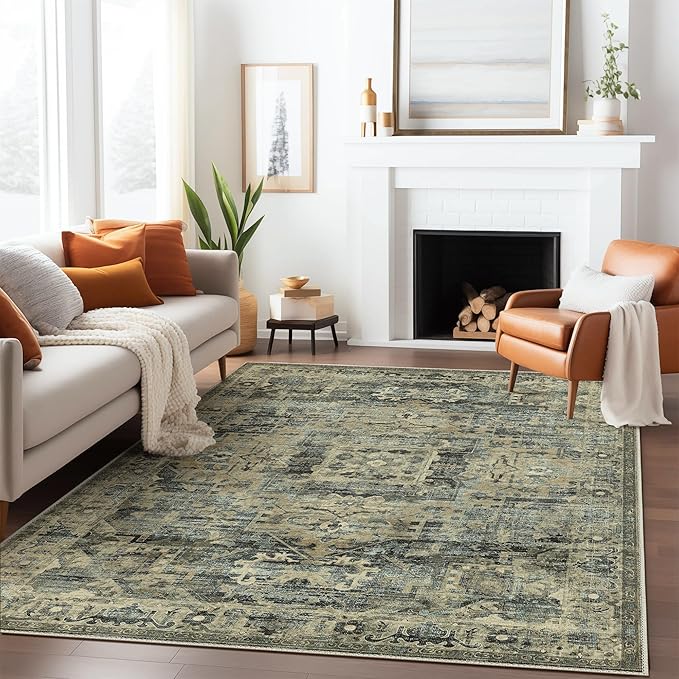 GENIMO Machine Washable 8x10 Area Rugs for Living Room, Non Slip Vintage Rugs, Low Pile Lightweight Chenille Print Rug for Bedroom, Dining Room, Home Office, Tawny Sage