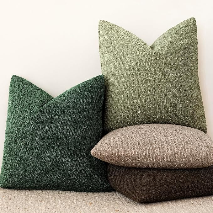 Foindtower Set of 2, Decorative Textured Boucle Throw Pillow Covers Accent Solid Pillow Cases Neutral Cozy Couch Cushion Case for Chair Sofa Bedroom Living Room Home Decor 26x26 Inch Pine Green