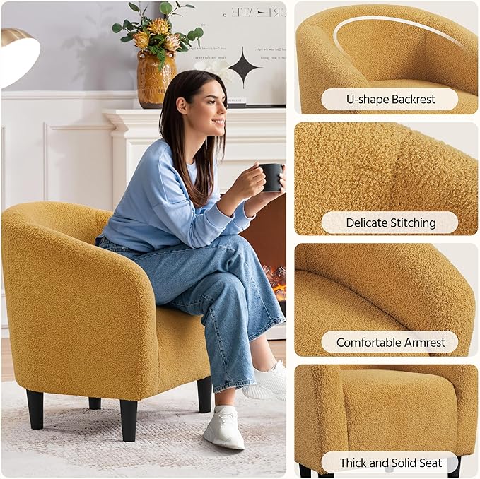 Yaheetech Accent Chairs for Living Room, Furry Barrel Chairs Set of 2, Sherpa Chairs with Soft Padded Armrest, Club Chairs for Bedroom Waiting Room Office, Mustard Yellow