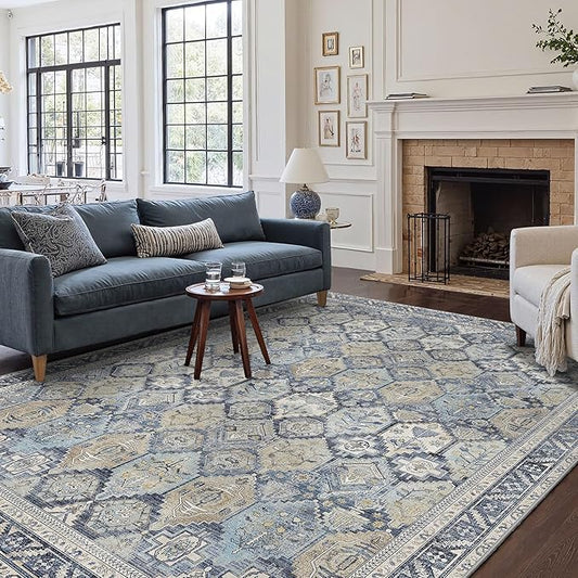 GENIMO 9x12 Area Rugs for Living Room, Machine Washable Non Slip Vintage Rugs, Low Pile Lightweight Chenille Print Rug for Bedroom, Dining Room, Home Office, Brown Blue