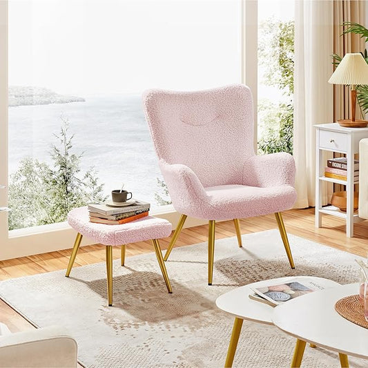 Yaheetech Accent Chair with Ottoman, Boucle Fabric Armchair Footstool, Modern and Cozy Vanity Chair with Golden Legs for Living Room, Lounge, Makeup Room, Bedroom, Pink