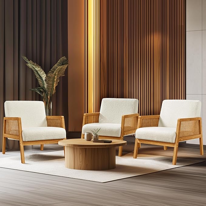 Yaheetech Boucle Fabric Accent Chair, Vintage Rattan Vanity Chair with Wood Armrest and Legs for Living Room Bedroom Makeup Room, Ivory, 2 pcs