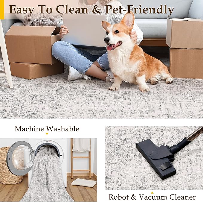 Grey Round Area Rug 4ft Entryway Door Mat Small Circle 4x4 Kitchen Vintage Carpet Non Slip Indoor Bedroom Washable Distressed Floral Retro Accent Throw Rug Office Bathroom