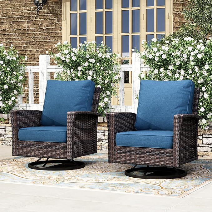 HERA'S HOUSE Outdoor Wicker Swivel Chairs with 5.5" Thick Cushions, 35" High Back Patio Chairs Set of 2, Deck Balcony Backyard Furniture, Navy Blue