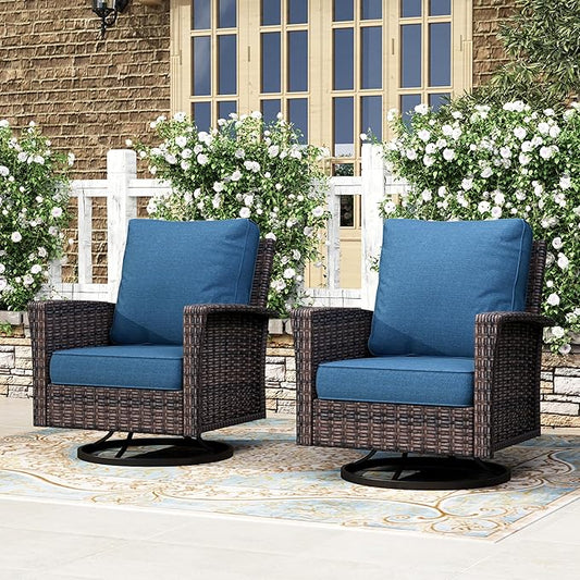 HERA'S HOUSE Outdoor Wicker Swivel Chairs with 5.5" Thick Cushions, 35" High Back Patio Chairs Set of 2, Deck Balcony Backyard Furniture, Navy Blue