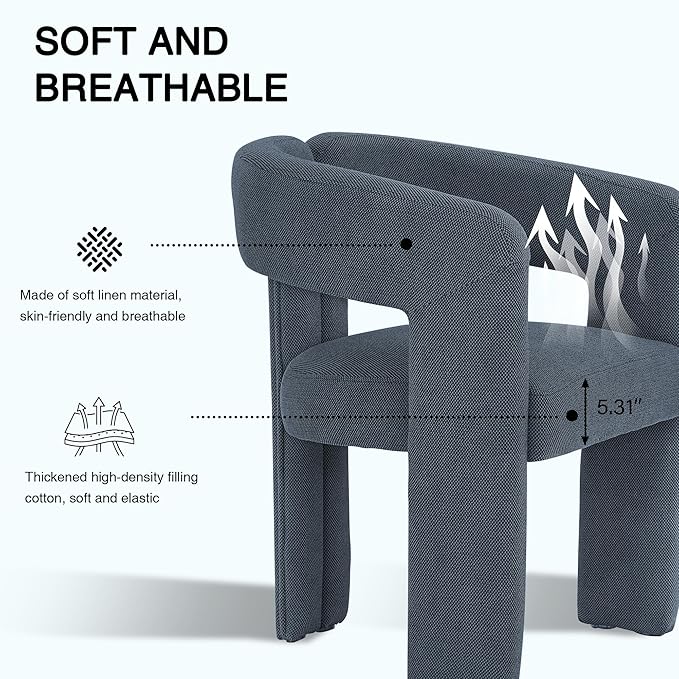 Modern Barrel Dining Chairs, Upholstered Linen Dining Room Chair with Wooden Legs, Accent Chairs for Kitchen/Dining Room/Living Room, Blue