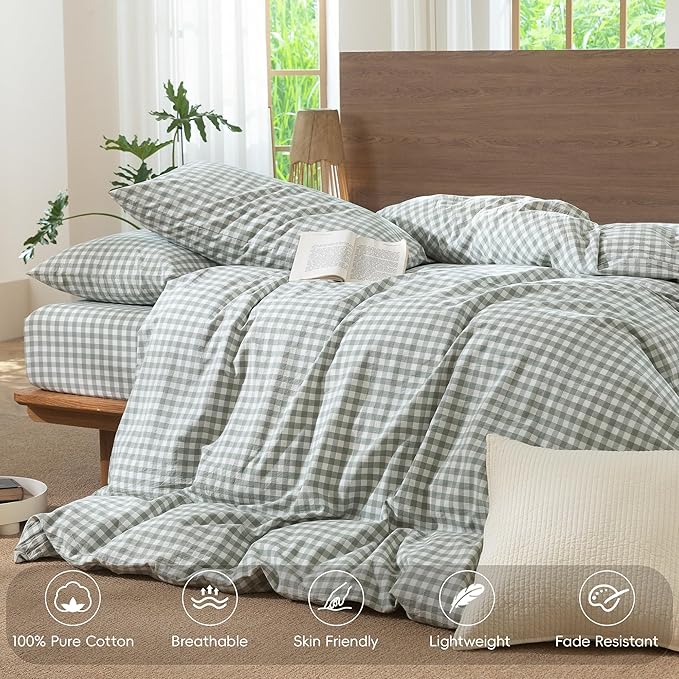 MooMee Gingham Duvet Cover Set 100% Washed Cotton Linen Like Textured Breathable Durable Soft Comfy Modern Checkered Design (Sage Green Gingham, King 104"x90")