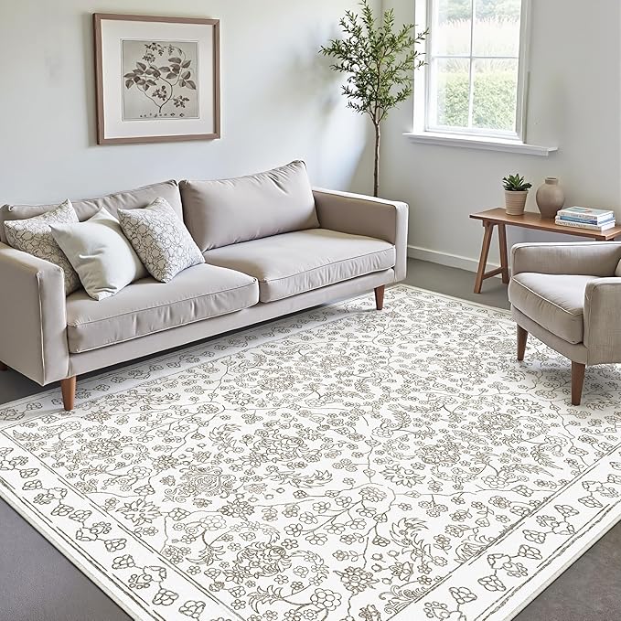 Floral Area Rug 6x9 Washable Taupe Carpet Non Slip Large Boho Thin Farmhouse Throw Accent Rug for Living Room Bedroom Office Kitchen Bathroom