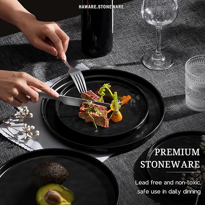 HaWare Dinnerware Sets, 6-Piece Plates and Bowls Set, Stoneware Dish Set for 2, Ceramic Dinnerware for Home Restaurant, Chip and Scratch Resistant, Microwave and Dishwasher Safe, Matte Black