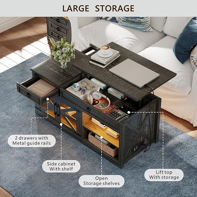 Lvifur 48" W Farmhouse Lift Top Coffee Table with LED Lights & Charging Station, Living Room Center Table with 2 Hidden Storage Compartments, Lifting Tabletop and Adjustable Shelf (Dark Rustic Oak)