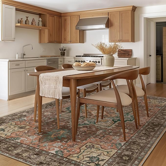 GENIMO 5x7 Area Rugs for Living Room, Machine Washable Non Slip Vintage Rugs, Low Pile Lightweight Chenille Print Rug for Bedroom, Dining Room, Home Office, Rosewood