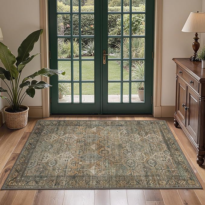 GENIMO 2x3 Area Rugs for Living Room, Machine Washable Non Slip Vintage Rugs, Low Pile Lightweight Chenille Print Rug for Bedroom, Dining Room, Home Office, Warm Taupe