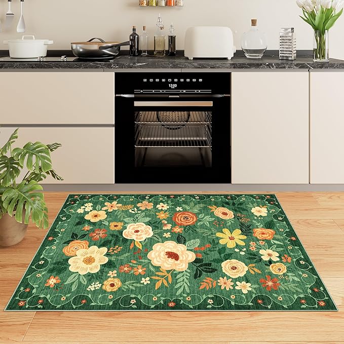 DUKINO 4x6 Area Rug, Lightweight Non Slip Washable Floral Rug, Indoor Low Pile & Non-Shedding Boho Design Rugs for Bedroom, Living Room, Dining Room, Dark Green