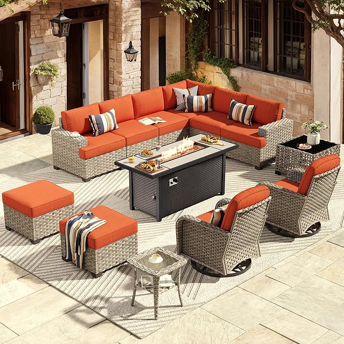 HOOOWOOO Outdoor Sectional Patio Furniture Set with Fire Pit Table,13 Pieces Wicker Conversation Sets L Shaped Couch,Extra Deep Out Door Sofa Outside Furniture with Swivel Chairs Ottomans,Brick Red