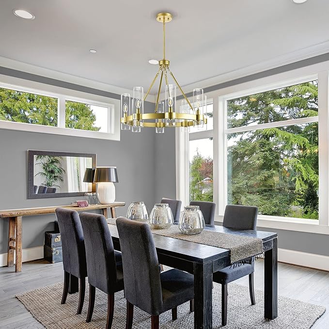 Linea di Liara Teramo Gold Chandelier Dining Room Light Fixture Small Wagon Wheel Chandelier Round Industrial Modern Farmhouse Chandeliers for Dining Room Foyer, Clear Glass, UL Listed