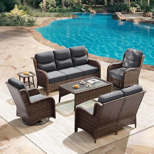 HILLGA Luxury Patio Furniture Set with 6-Inch Thick Cushions, High Back Outdoor Swivel Rocker Chairs Patio Couches, 6-Piece All Weather Conversation Set for Porch Deck Pool Yard, Dark Grey (V3)