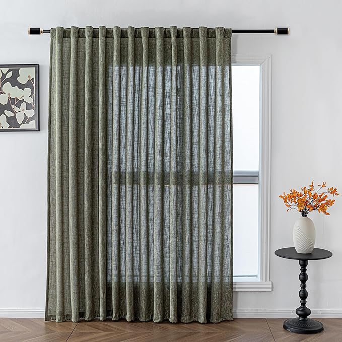MYSKY HOME 90 Inches Long Living Room Curtains Farmhouse Light Filtering Privacy Curtain Drapes for Patio Door, Linen Look Texture Fabric Bohemian Draperies Soft Touch, 100x90, Olive Green, 1 Panel