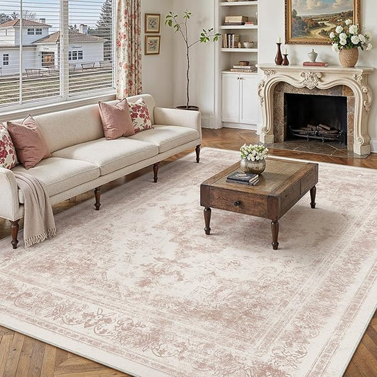 Washable Rug 8x10 Area Rug for Living Room Pink Vintage Boho Medallion Large Distressed Retro Carpet Non Slip Indoor Low Pile Small Soft Bedroom Dining Room Home Office