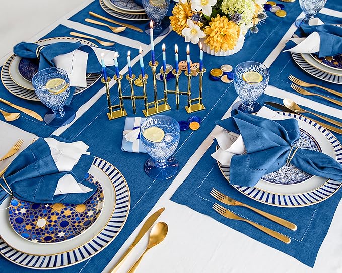 Solino Home Linen Indigo Blue Table Runner 72 Inches Long - 100% Pure Linen Hemstitch Table Runner 14 x 72 Inch for Dresser, Dining, Fall, Autumn, Halloween, Christmas - Classic Hemstitch