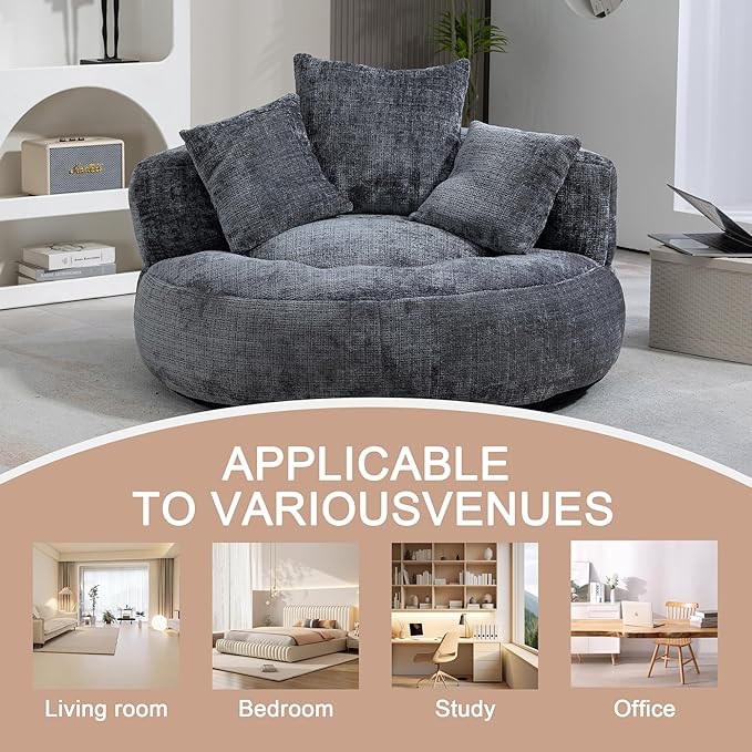 42'' Oversized Round Chair, Single Lounge Chaise Upholstered Sofa Bed with Deep Seat, Chenille Bean Bag Chiar with Pillows for Living Room, Bedroom, Apartment, Reading, No Assembly (Gray)