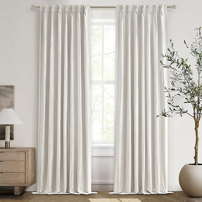 92 Inch Pinch Pleat Living Room Thermal Curtains for Winter, Blackout Thick Linen Boho Curtain for Sliding Glass Doors 2 Panels Set with Hooks Rings Ceiling Track Window Drapes W40 xL92