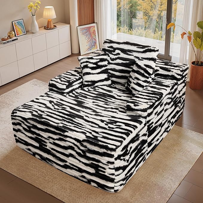 Chaise Lounge Chair Indoor, 67" Oversized Comfy Faux Fur Sleeper Sofa Bed, Boneless Upholstered Recliner Bed with Pillows and Wide Armrests, Modern Cloud Couch for Living Room, Zebra Stripe