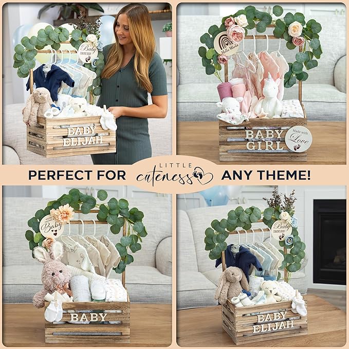 Wooden Baby Shower Crate Closet - Customizable Wooden Crate Box with Dual Rod System, Personalized Baby Shower Basket Alphabet Letters, Easy Assembly Baby Baskets for Baby Shower (Rustic Burnt Wood)