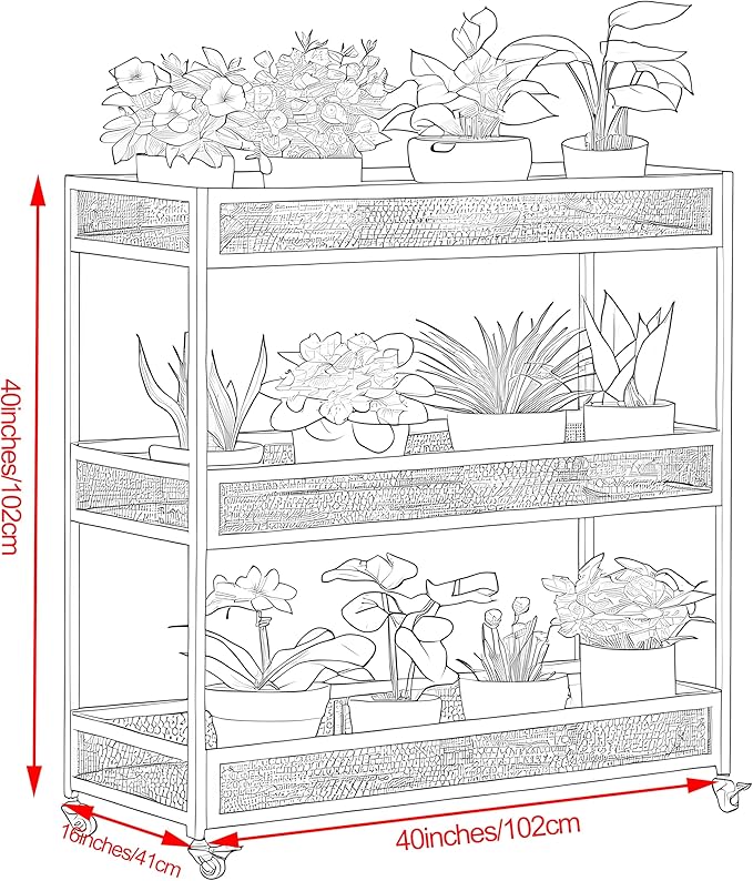 Outdoor Heavy-Duty 3-Tier Moving Garden Cart Sturdy Metal Plant Stand with High-Capacity Load & Rotating Wheels