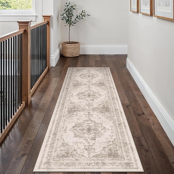 Runner Rug 2x7 Beige Hallway Washable Carpet Non Slip Vintage Medallion Carpet Low Pile Soft Distressed Retro Indoor Long Rug for Entryway Kitchen Bathroom Laundry Bedroom