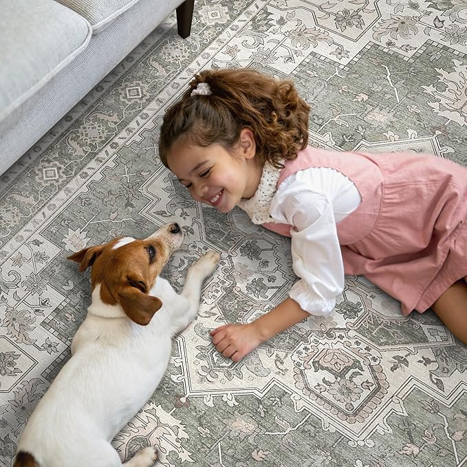 GENIMO 9x12 Area Rugs for Living Room, Non Slip Machine Washable Vintage Rugs, Low Pile Lightweight Chenille Print Large Rug for Bedroom, Dining Room, Home Office, Moonlight