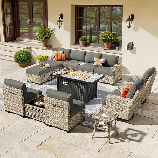 HOOOWOOO Outdoor Sectional Patio Furniture Set with Fire Pit Table,13 Pieces Wicker Conversation Sets L Shaped Couch,Extra Deep Out Door Sofa Outside Furniture with Swivel Chairs Ottomans,Black