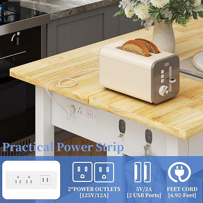 47.3" Solid Rubberwood Kitchen Island with Power Outlets - Extra Large Work Surface, 2 Drawers & Open Shelves Storage Cabinet for Kitchen Dining Room, Farmhouse Style (White)