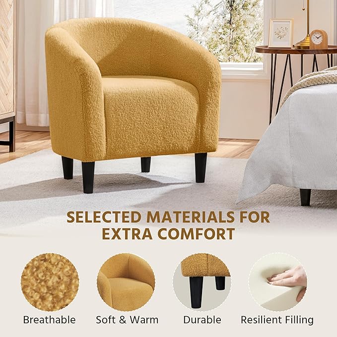 Yaheetech Accent Barrel Chair, Boucle Fabric Club Chair, Furry Sherpa Elegant and Cozy, Soft Padded Armchair for Living Room Bedroom Reception Room Office, Mustard Yellow