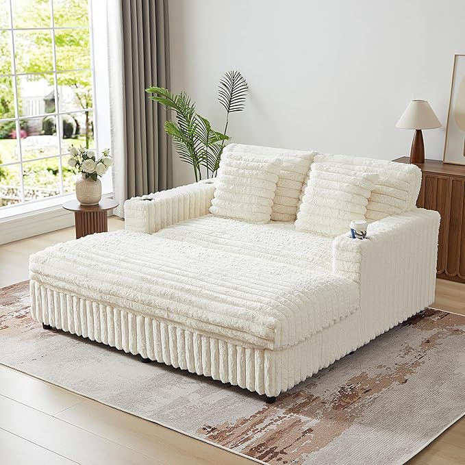 RARZOE 64'' Oversized Chaise Lounge Chair Indoor, Plush Faux Rabbit Fur Sleeper Sofa Bed with 4 Pillows, Charging Station & Cup Holders, Fluffy Comfy Cloud Couch Loveseat Sofa for Living Room,Beige