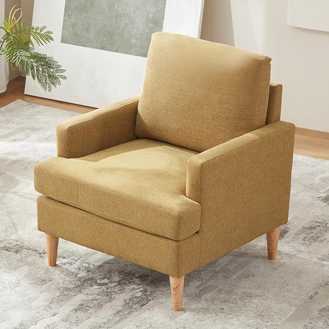 VKNOW Mid-Century Accent Chairs Set of 2, Modern Upholstered Chenille Armchair for Living Room,Comfy Reading Accent Chairs with Wood Legs for Bedroom, Yellow Polyester