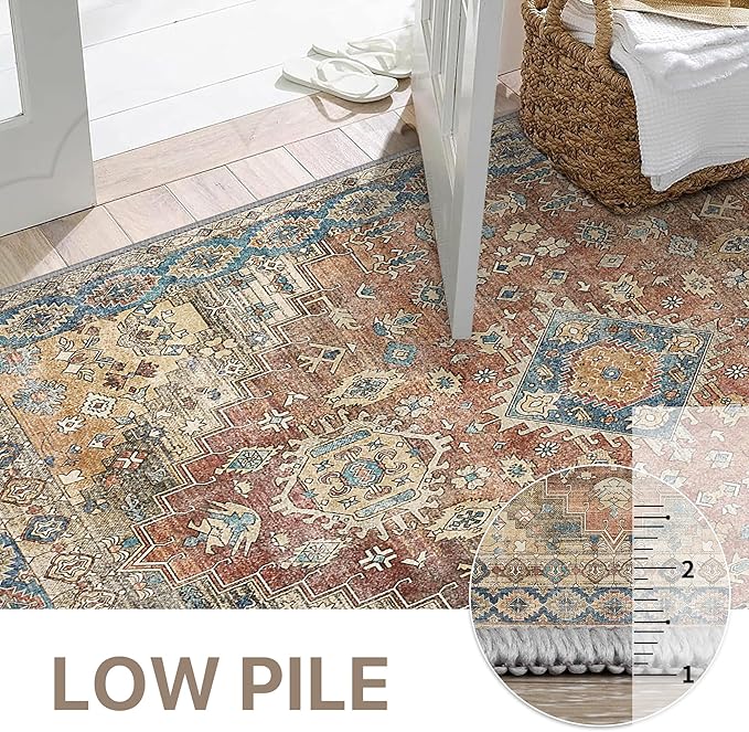 GENIMO 8x10 Area Rugs for Living Room, Machine Washable Non Slip Vintage Rugs, Low Pile Lightweight Chenille Print Rug for Bedroom, Dining Room, Home Office, Antique Red