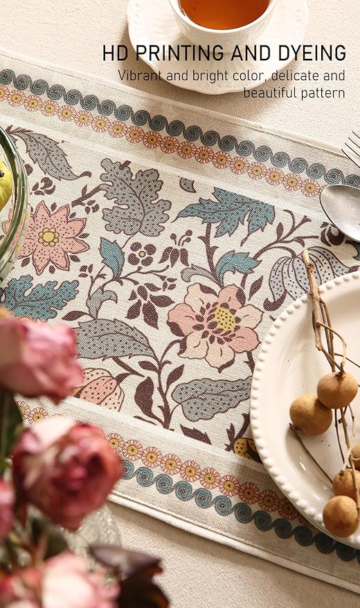 Designer Bohemian Linen Table Runner 87 Inches Long,Elegant Lotus Flowers Pattern Decor Table Runners for Dining Tables,Thanksgiving,Kitchen Tables,Christmas,12"*87"-Hazel A