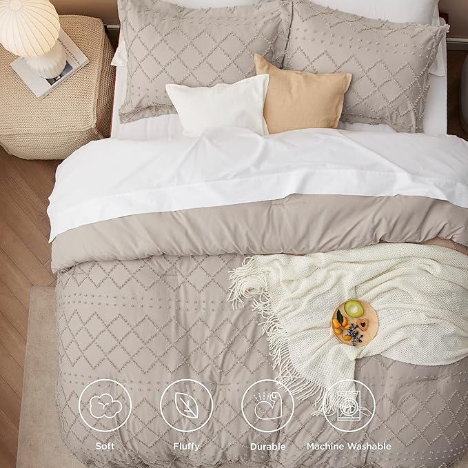 Bedsure California King Comforter Set - Linen Comforter, Boho Tufted Shabby Chic Bedding for Kids, 3 Pieces Vintage Farmhouse Bed Set for All Seasons, Fluffy Soft Bedding with 2 Pillow Shams