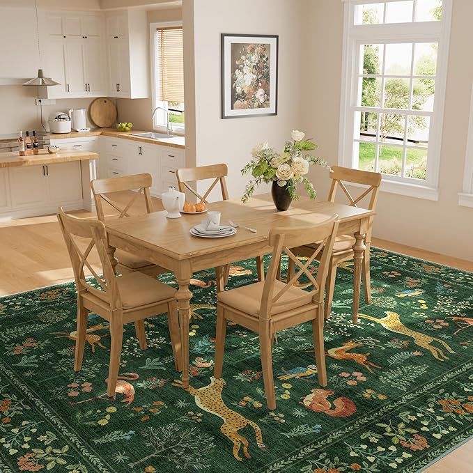 DUKINO 6x9 Rug, Washable Animal Living Room Rug with Non Slip Vintage Design, Soft Low Pile Large Carpet for Bedroom, Nursery, Dining Room, Farmhouse, Playroom, Green
