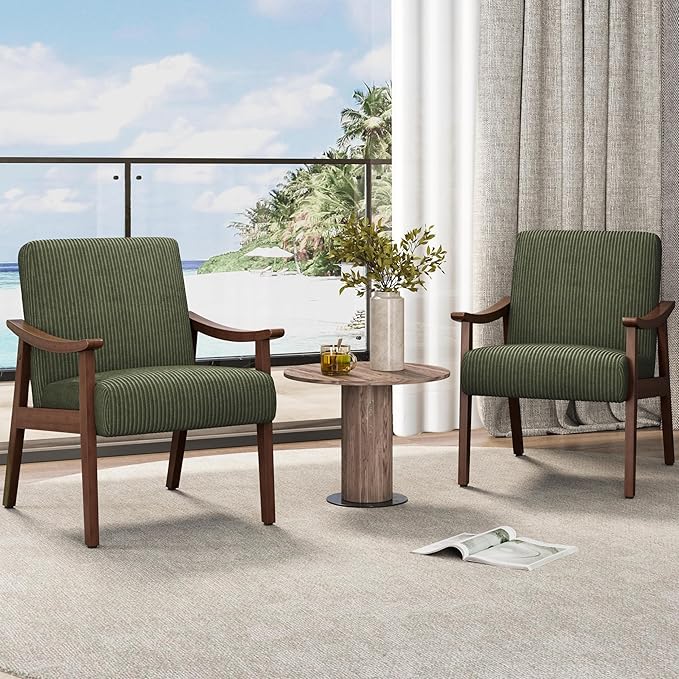 Yaheetech Corduroy Accent Chair, Mid-Century Modern Armchair with Solid Wood Legs, Reading Leisure Chair with High Back for Living Room Bedroom Waiting Room, Set of 2, Dark Green