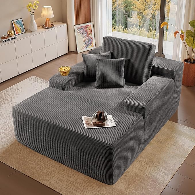 Chaise Lounge Chair Indoor, 67" Oversized Comfy Corduroy Sleeper Sofa Bed, Boneless Upholstered Recliner Bed with Pillows and Wide Armrests, Modern Cloud Couch for Living Room, Grey
