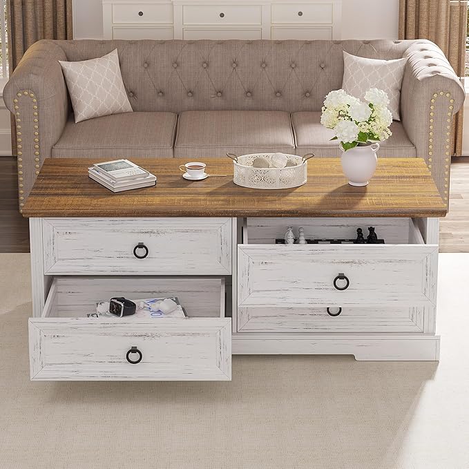 Coffee Table with Storage, 47.2 in Farmhouse Wooden Center Table with 4 Drawers for Living Room, Antique White Walnut, Easy Assembly Rectangle Home Office Tea Accent Table for Apartment