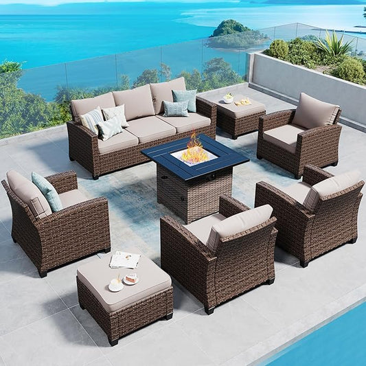 Patio Furniture Set Outdoor Furniture Brown Wicker Rattan Patio Conversation Sets with Cushion Outside Sofa Set,7 Pieces with Firepit Table,9 Seats,Beige