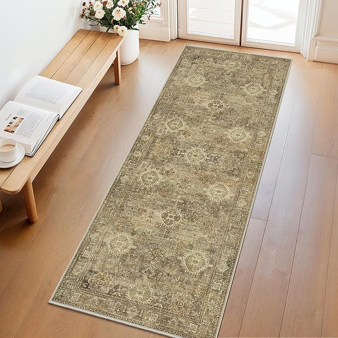 GENIMO 2X5 Hallway Runner Rug, Machine Washable Non Slip Vintage Floral Patchwork Runners, Thin Low Pile Chenille Carpet Runners for Entryway, Kitchen, Bathroom, Bedroom, Straw