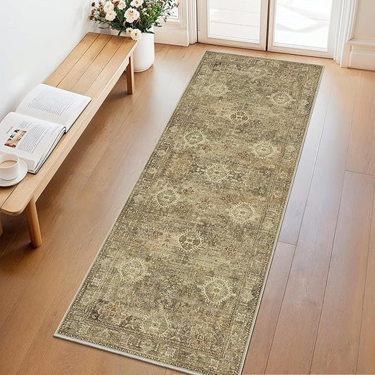 GENIMO 2X5 Hallway Runner Rug, Machine Washable Non Slip Vintage Floral Patchwork Runners, Thin Low Pile Chenille Carpet Runners for Entryway, Kitchen, Bathroom, Bedroom, Straw