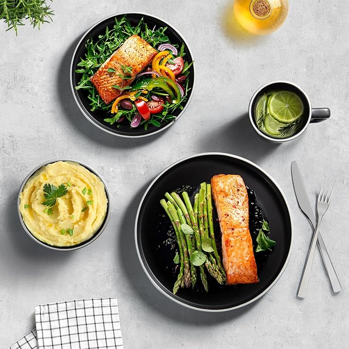 Zulay Kitchen Terra Stoneware Dinnerware Set, Artisanal Ceramic Plates and Bowls Set Crafted at 2300℉ - Service for 4, Black Matte with White Rim