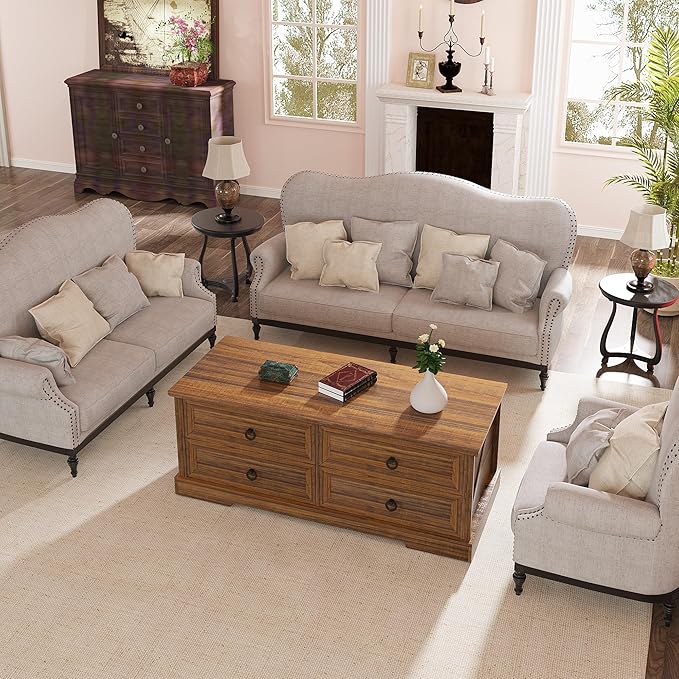 Coffee Table with Storage, 47.2 in Rustic Wooden Center Table with 4 Drawers for Living Room, Easy Assembly Rectangle Home Office Farmhouse Tea Accent Table for Apartment, Walnut