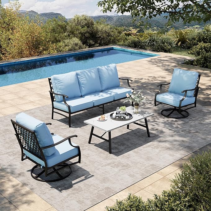 HERA'S HOUSE 4 Piece Patio Furniture Set, 2 x Swivel Cushioned Chair, 3-Seat Sofa with Marbling Coffee Table, All Weather Outdoor Conversation Set for Lawn Garden Backyard, Blue