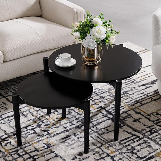 Wooden Round Modern Nesting Coffee Set of 2, Round End Table Side Table, Stacking Living Room Accent Tables for for Living Room Bedroom Balcony, Black