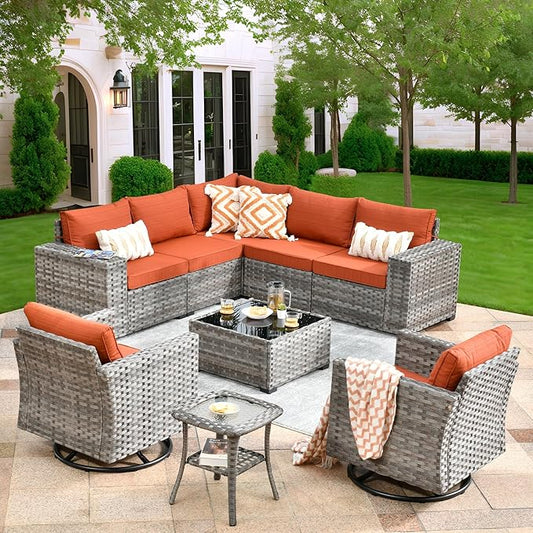ovios 9 Pieces Patio Furniture Set, Outdoor Wicker Sectional Sofa with 2 Swivel Chairs Coffee Table, Modern Modular Deep Seat Rattan Couch Conversation Sets, Orange Red